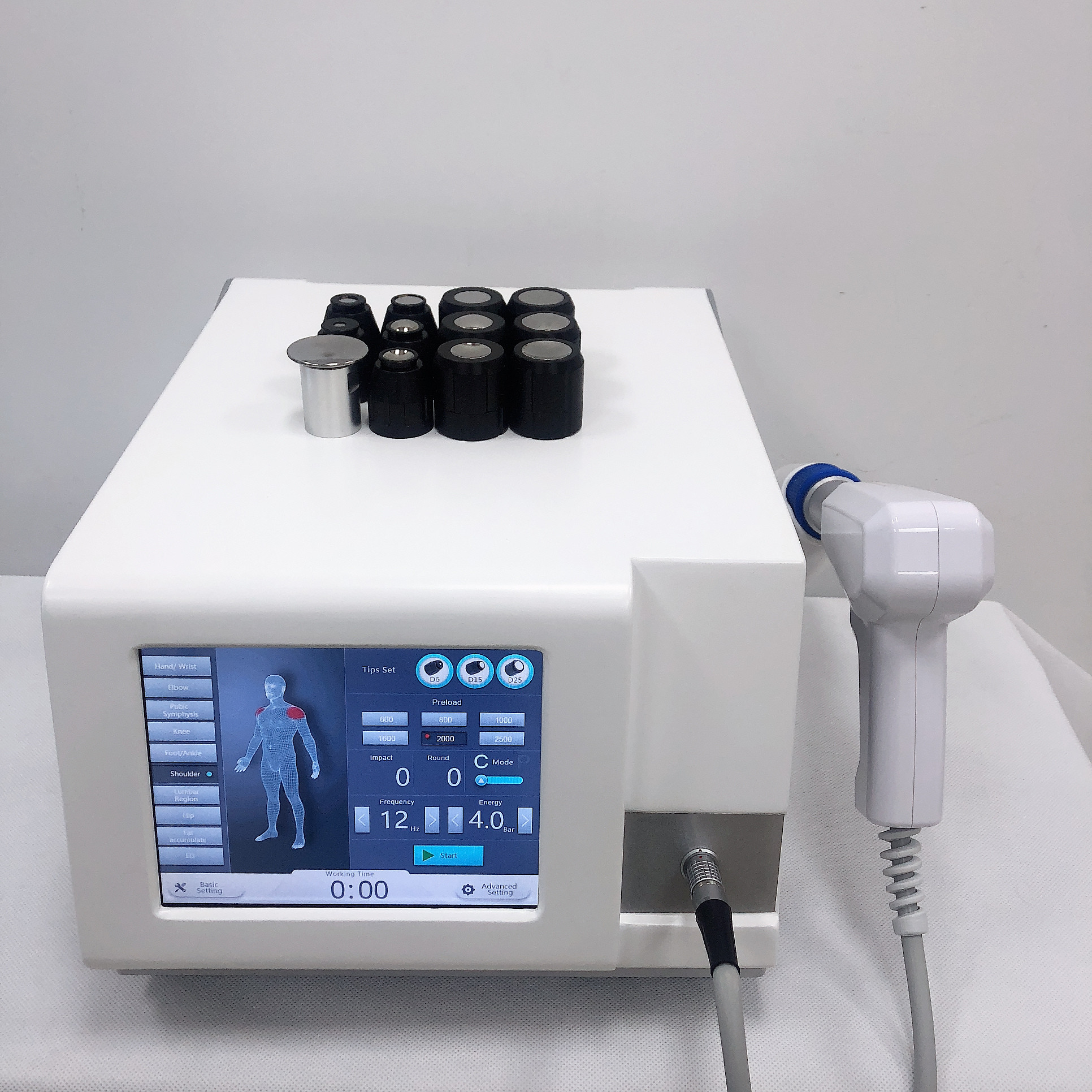 Uso de la clínica de la máquina de la terapia de la presión de aire de la pantalla táctil para el alivio del dolor 1-21HZ del cuerpo